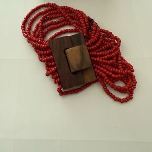 Women’s Red Beaded Bracelet with Wooden Buckle